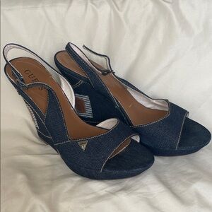 GUESS y2k platform Denim Open-Toe Slingback Wedge Sandals